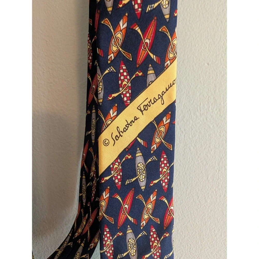 Salvatore Ferragamo Mens Silk Tie Navy Kayak Canoe Oar Novelty Italy Boat Water